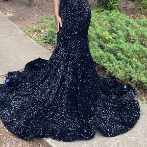 Black sequin mermaid flare prom dress or evening gown
